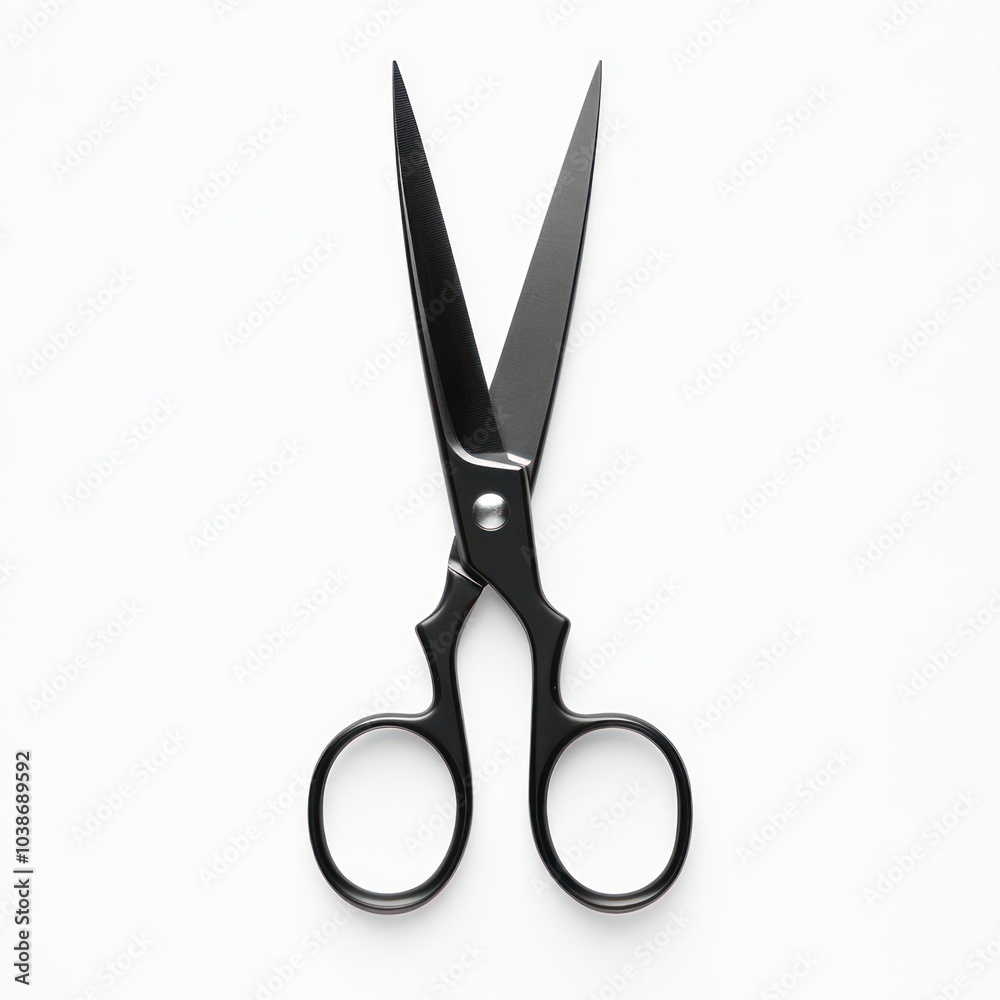 A pair of black scissors positioned upright, designed for cutting various materials. A pair of black scissors positioned upright, designed for cutting various materials.