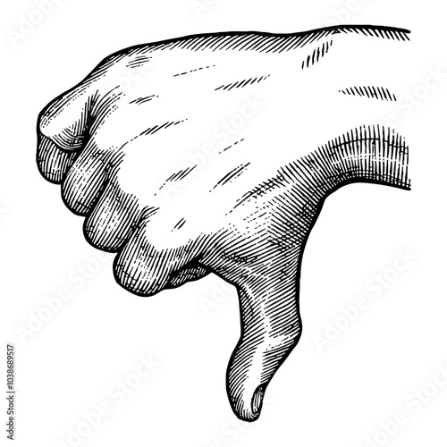 Thumbs Down Hand Gesture in Detailed Black and White Outline Line Art Drawing Illustration