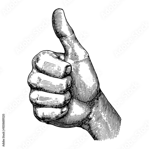 Thumbs Up Hand Gesture in Detailed Black and White Outline Line Art Drawing Style