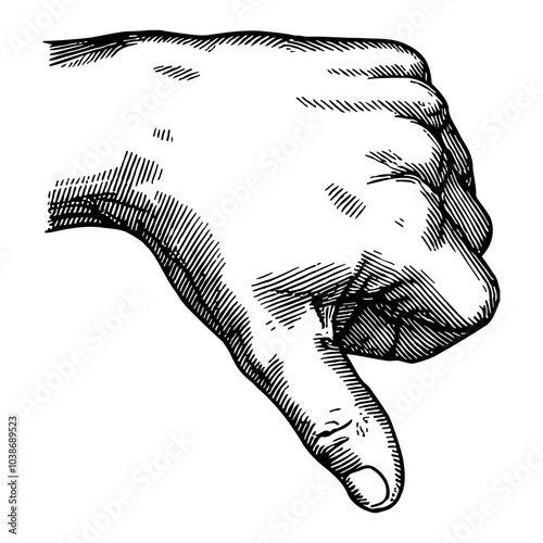 Thumbs Down Hand Gesture in Detailed Black and White Outline Line Art Drawing Illustration