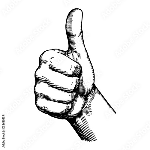 Thumbs Up Hand Gesture in Detailed Black and White Outline Line Art Drawing Style Image