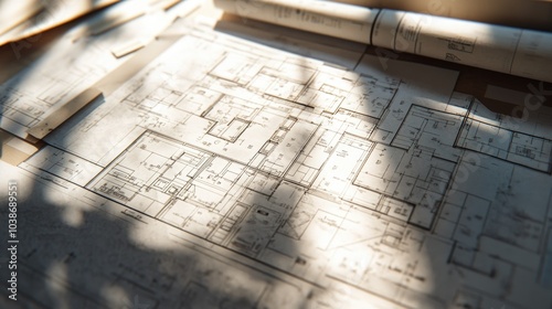 Close-up of blueprints for a sustainable building project, featuring energy-efficient materials and designs.