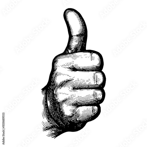 Thumbs Up Hand Gesture in Vintage Black and White Outline Line Art Drawing