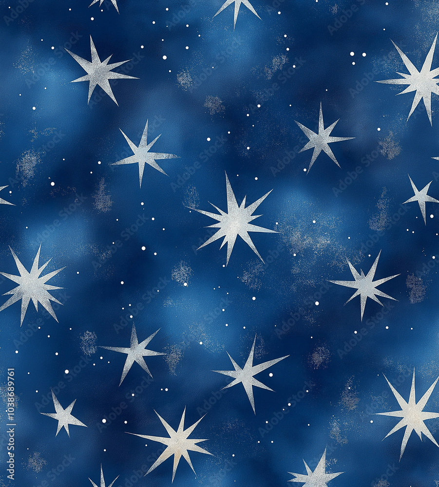 AI generator image of white star gift wrapping paper pattern on a blue background, fabric pattern