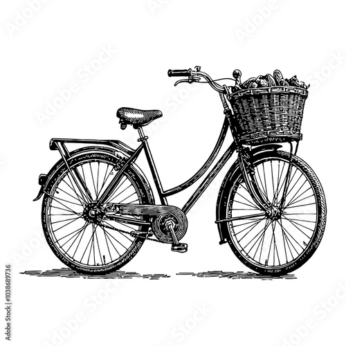 Vintage Bicycle with Basket in Detailed Black and White Outline Line Art Drawing