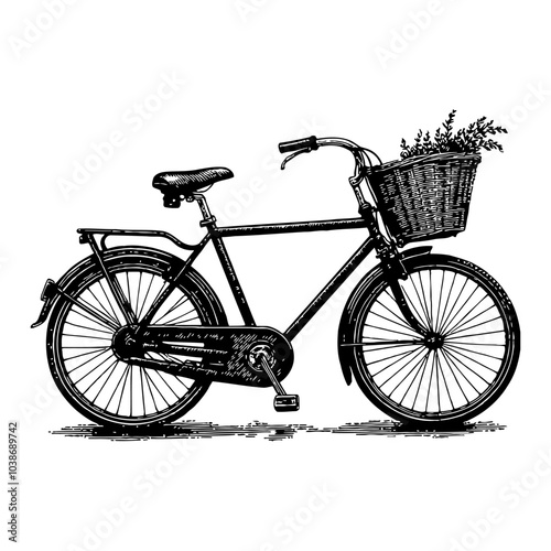 Vintage Bicycle with Basket Detailed Black and White Outline Line Art Drawing Side View photo