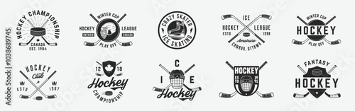 8 Ice hockey emblems with hockey helmets, cues icons. Hipster Design. Emblem, poster templates. Vector illustration