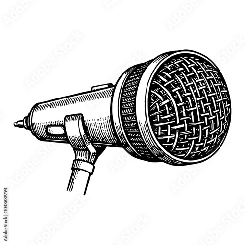 Vintage Microphone Detailed Black and White Outline Line Art Drawing with Retro Style Design
