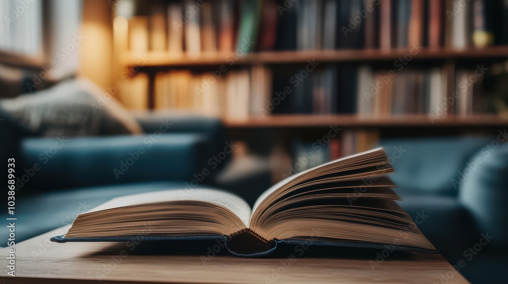 Open Book on Table in Cozy Reading Space Open Book on Table in Cozy Reading Space