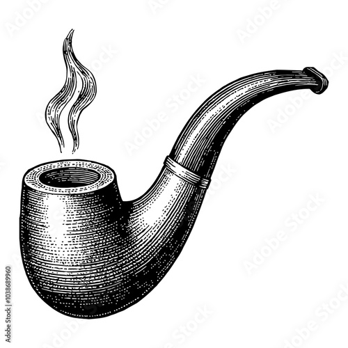 Vintage Smoking Pipe in Black and White Outline Line Art Drawing with Detailed Engraving