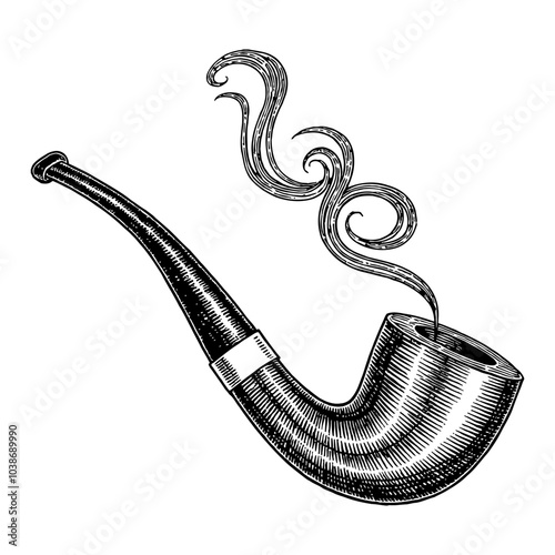 Vintage Smoking Pipe in Detailed Black and White Outline Line Art Drawing with Smoke Design