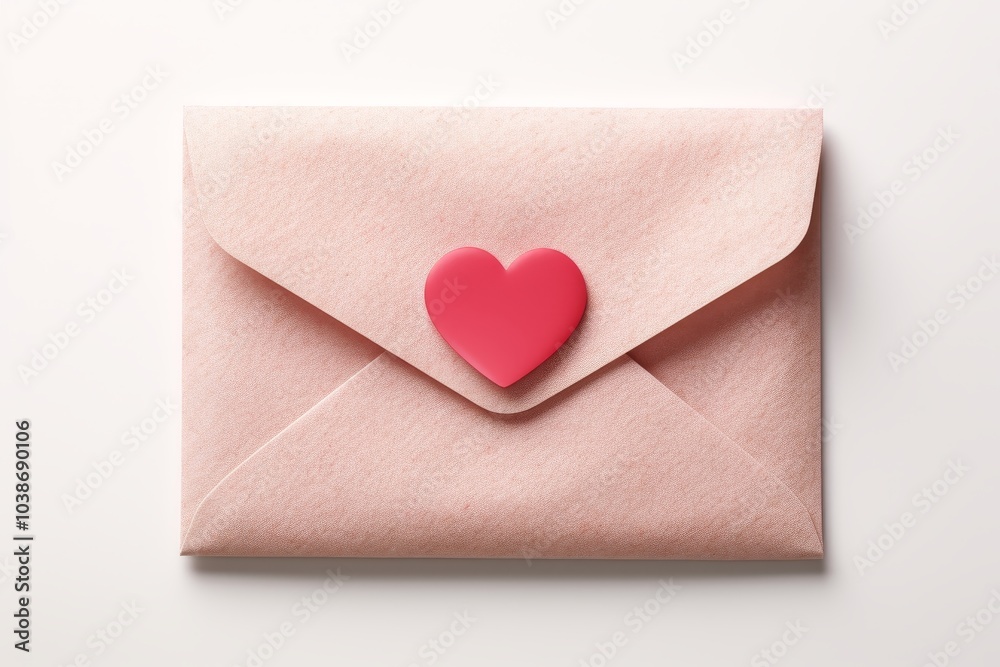 Minimalist pale pink mailing envelope with open lid and red heart on white background Minimalist pale pink mailing envelope with open lid and red heart on white background