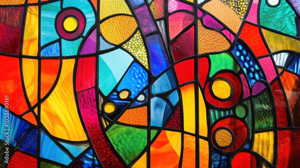 Vibrant tile glass design with bright hues and abstract patterns, perfect for a decorative window display.