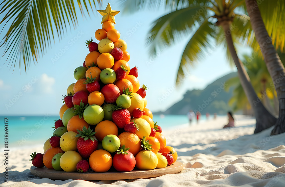 Creative Christmas tree made of tropical fruits on the beach. Holiday concept. Creative Christmas tree made of tropical fruits on the beach. Holiday concept.