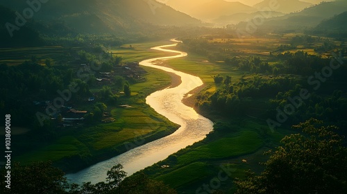 Serene river winding through green rural landscape photo