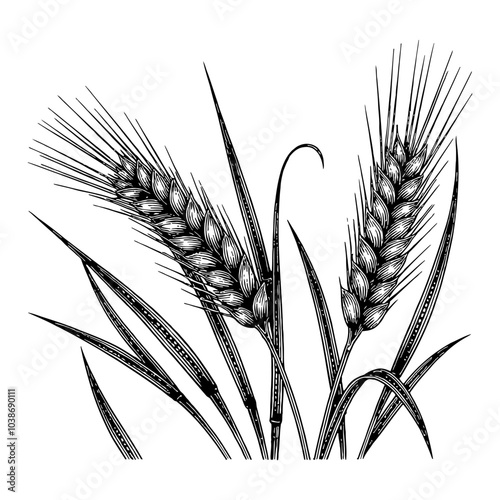 Detailed Wheat Ears in the Field Black and White Outline Line Art Drawing with Intricate Design