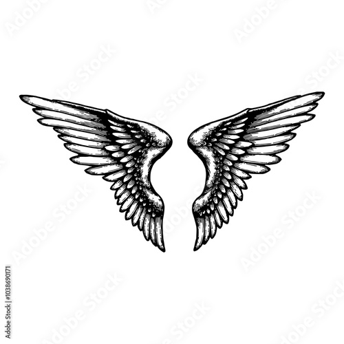 Detailed Wings Illustration in Black and White Outline Line Art Drawing with Vintage Style