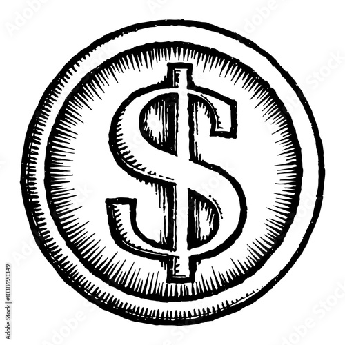 Coin with Prominent Dollar Symbol in Detailed Black and White Outline Line Art Drawing