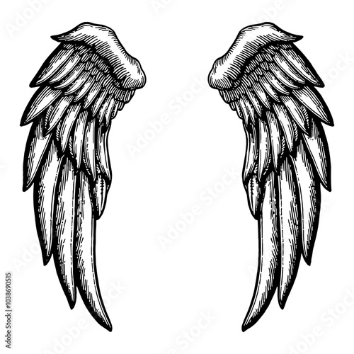 Detailed Angel Wings Illustration in Black and White Outline Line Art Drawing with Engraving Style