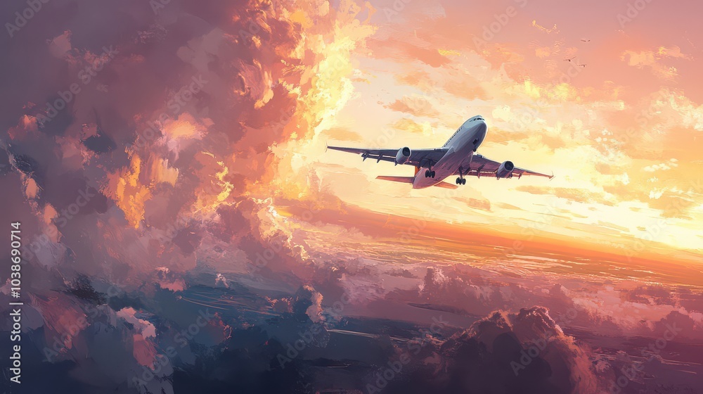 Airplane Flying Above Colorful Sunset Clouds