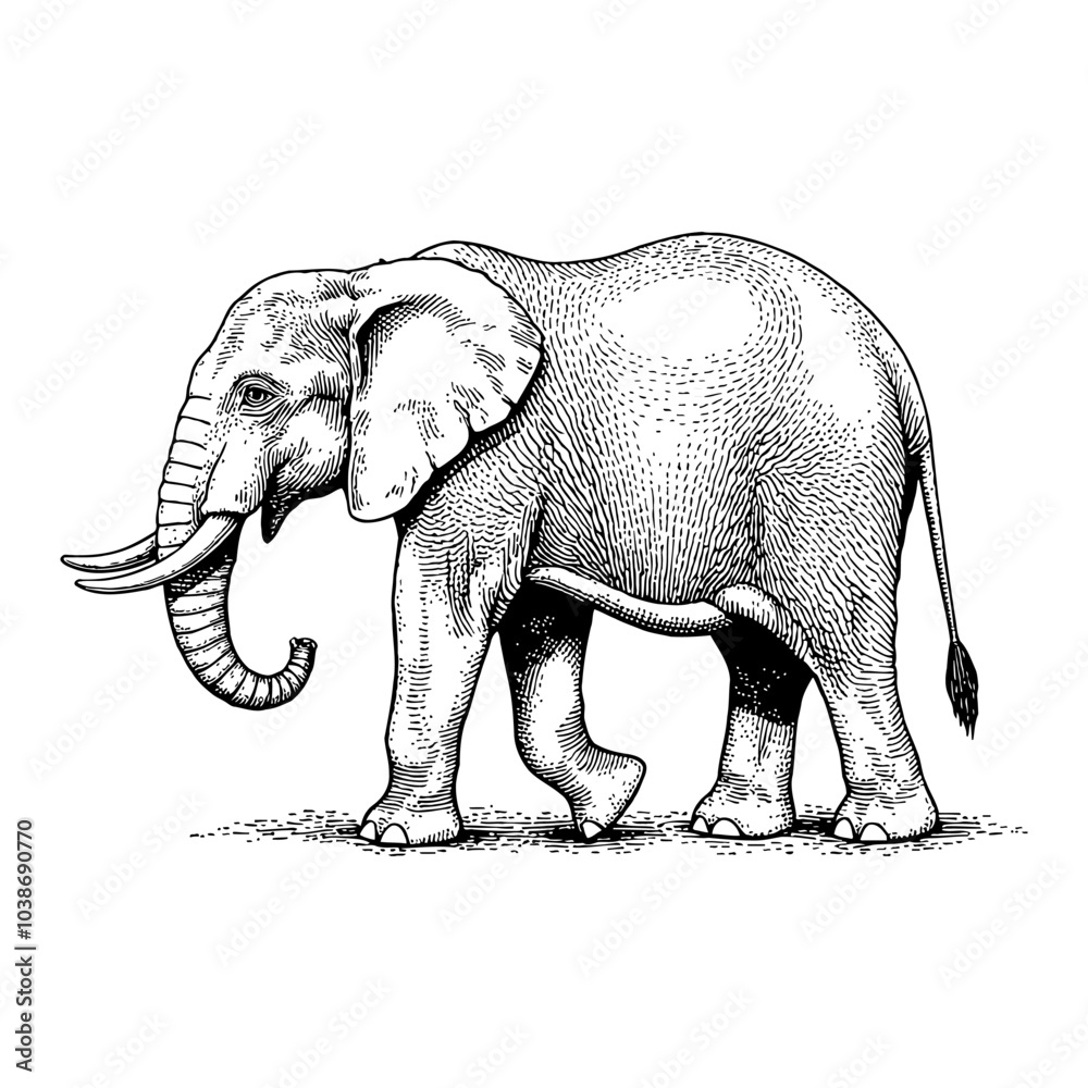Fototapeta premium Baby Elephant in Walking Pose Black and White Outline Line Art Drawing with Detailed Features