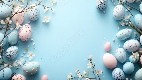 Easter background with pastel-colored decorated eggs and blossoming spring branches arranged on a light blue surface, creating a festive and cheerful holiday scene with copy space