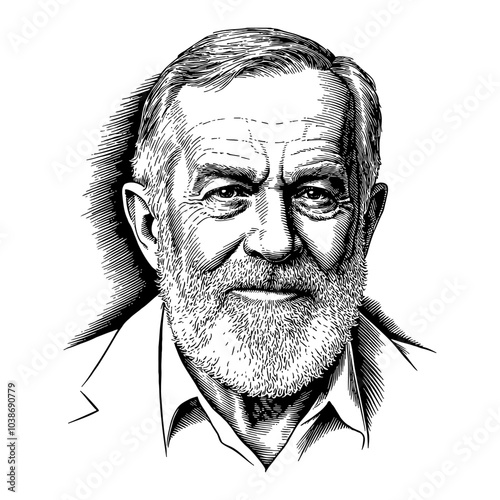 Portrait of Elderly Man Black and White Outline Line Art Drawing Detailed Illustration