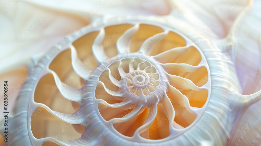 Nautilus shell in closeup, showcasing its intricate spiral pattern. The shell's geometric design is a stunning example of nature's artistry. Nautilus shell in closeup, showcasing its intricate spiral pattern. The shell's geometric design is a stunning example of nature's artistry.