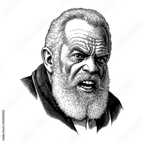 Angry Old Man with Beard Illustration in Black and White Outline Line Art Drawing Style