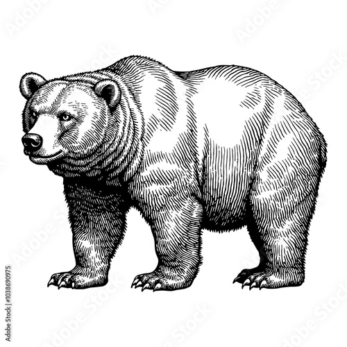 Bear in Detailed Black and White Outline Line Art Drawing with Natural Stance and Fur Texture