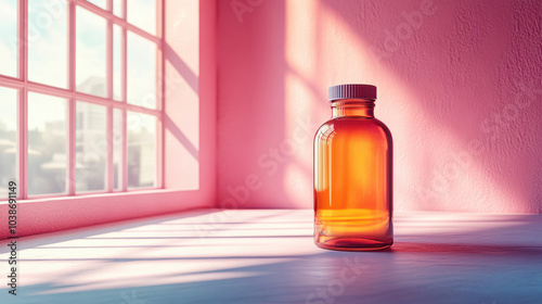 3D render of vitamin bottle on bright, solid pink surface, illuminated by sunlight streaming through window. scene is vibrant and colorful, creating cheerful atmosphere