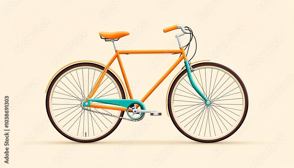 Stylish orange-blue bicycle on a pale background, perfect for promoting active lifestyle and green transport solutions. Stylish orange-blue bicycle on a pale background, perfect for promoting active lifestyle and green transport solutions.