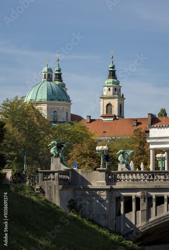 historic church detail in ljubljana slovenia (europe european famous monument) travel destination city center downtown capital near julian alps tourism photo