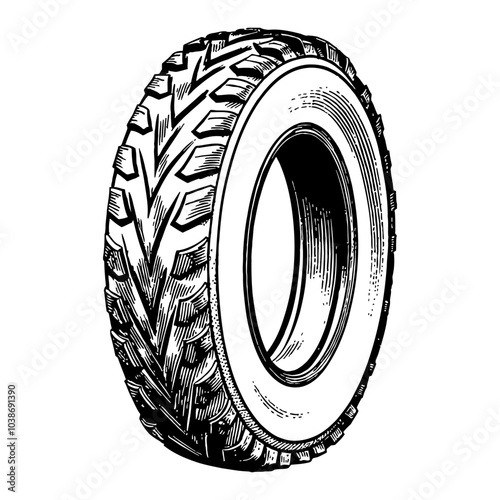 Detailed Bicycle Tire in Vintage Black and White Outline Line Art Drawing with Tread Patterns
