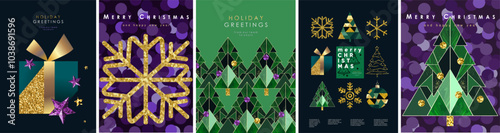 Merry Christmas! 2025. Vector modern luxury abstract illustration of golden snowflake, Christmas tree, gift, icon, sequin, glitter, geometric ornament for greeting corporate card, poster or background