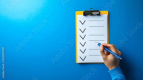 A hand holding a pen checks off items on a clipboard against a vibrant blue background. photo