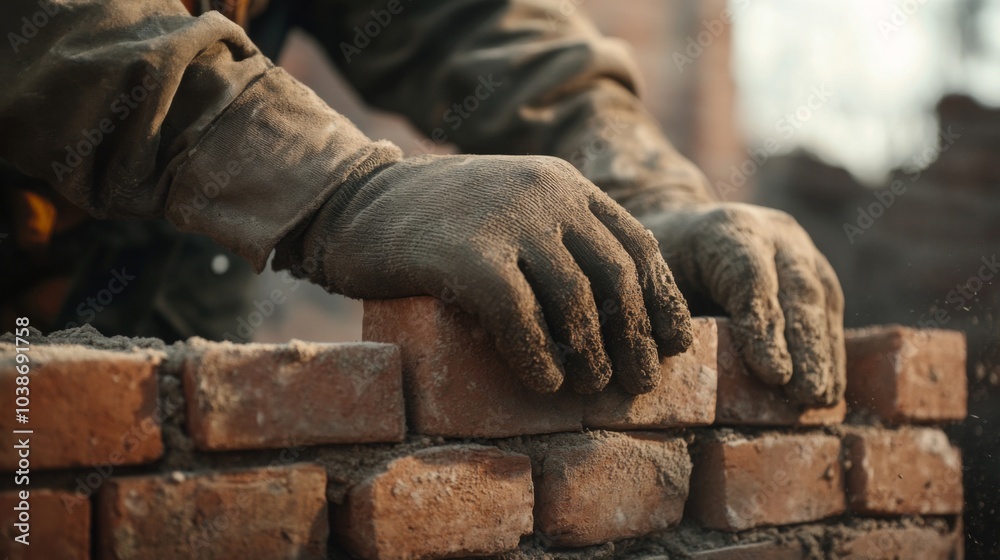 Fototapeta premium Close up of bricklayer hands laying brick wall of house