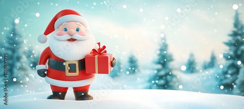 3D Cartoon Santa Claus with Gifts and Christmas Tree Illustration for business banner with copy space.