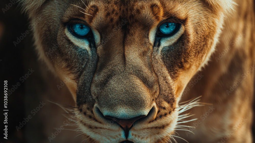 Fototapeta premium Close view of lioness with blue eyes, safari hunter 