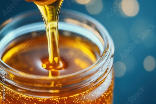 A close-up of honey being drizzled from a spoon into a glass jar, showcasing its golden color and syrupy texture against a blurred blue background. photo