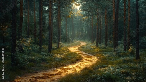 A serene forest scene captures a meandering dirt path winding through tall, lush trees. The sunlight filters softly through the foliage, casting a gentle glow on the ground and illuminating patches of