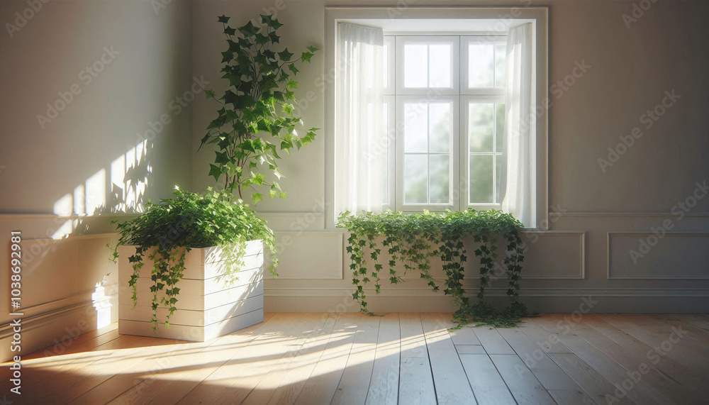 A lush, sprawling English Ivy plant (Hedera helix) with delicate, variegated leaves and a trailing, cascading growth habit. A lush, sprawling English Ivy plant (Hedera helix) with delicate, variegated leaves and a trailing, cascading growth habit.