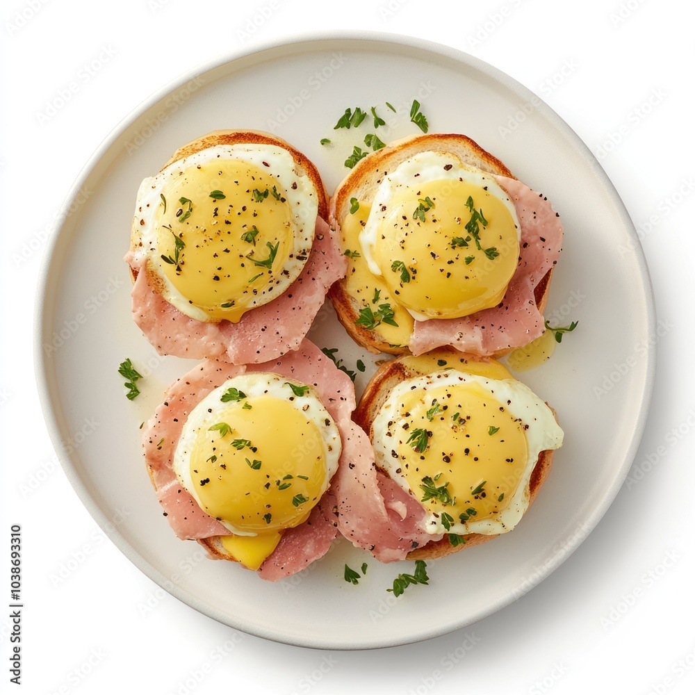 A plate of eggs Benedict, featuring poached eggs, ham, and herbs on toasted bread. A plate of eggs Benedict, featuring poached eggs, ham, and herbs on toasted bread.