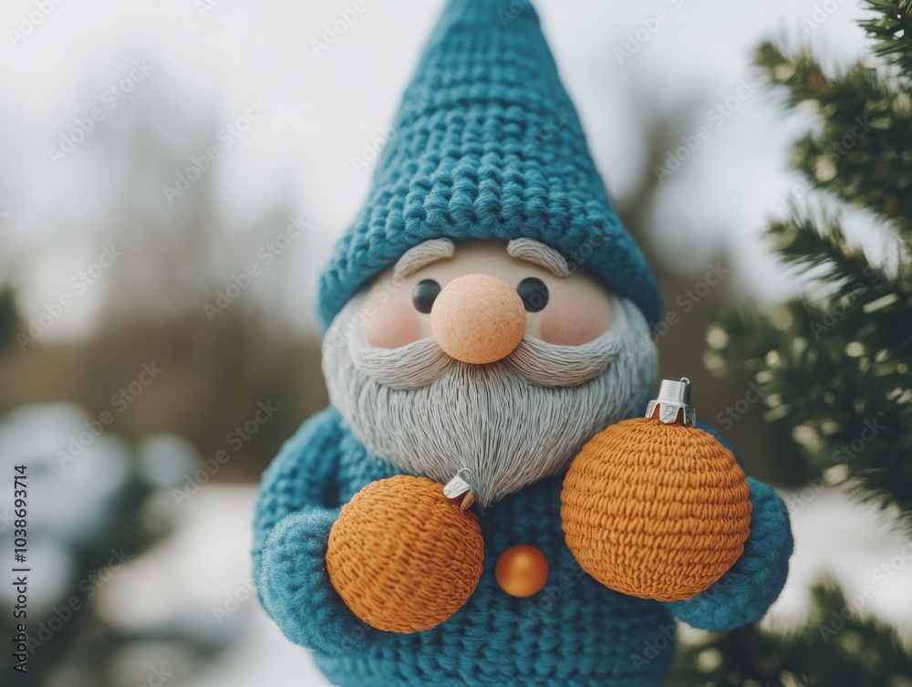 Obraz premium Cheerful Gnome Decorates Christmas Tree with Ornaments