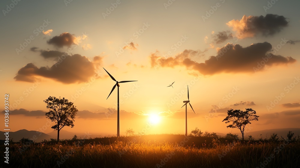 Obraz premium Solar panels and wind turbines on a hillside, symbolizing solutions to reducing environmental impact from energy consumption
