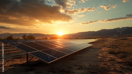 Solar farm on a barren landscape, symbolizing the potential for renewable energy to reduce environmental impact photo