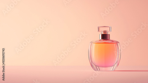 Beautiful trendy multicolored bottle of female perfume on pastel colored background. Fragrance presentation, perfumery, luxury scent. Glamorous lifestyle, the concept of fashion, beauty, femininity.