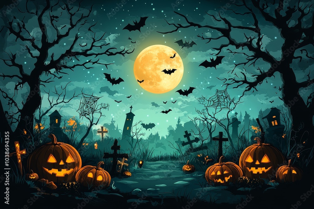 Vector illustration of a Halloween background featuring a full moon, pumpkins, bats, silhouetted trees, and crosses with spider webs against a dark blue gradient sky. Vector illustration of a Halloween background featuring a full moon, pumpkins, bats, silhouetted trees, and crosses with spider webs against a dark blue gradient sky.