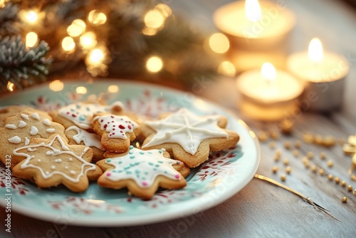 Festive cookies on plate with warm candlelight glow photo