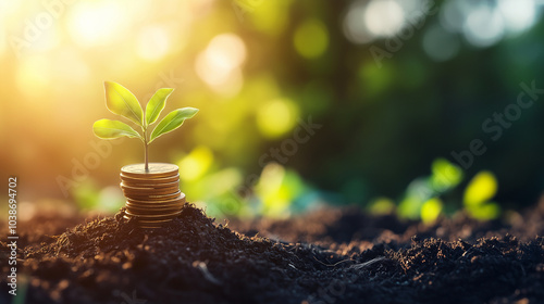 Wallpaper Mural Financial Growth: Stack of Coins with Green Leaves - AI and Sustainable Business Practices Torontodigital.ca